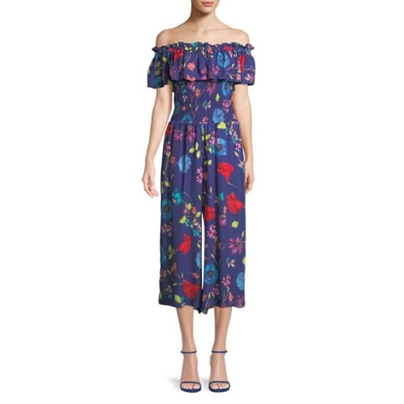 Parker Blue Multicolor Janice Off-the-Shoulder Floral Wide-Leg Jumpsuit EUC Sz 2 - Picture 1 of 10